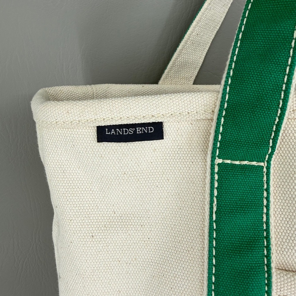 Lands End Medium Tote Bag 5 Pocket Zipper Green Natural Canvas *Has Embroidery - Picture 3 of 16